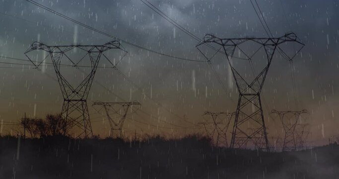 Animation of heavy rain, storm with yellow lightning and grey clouds over electric pylons