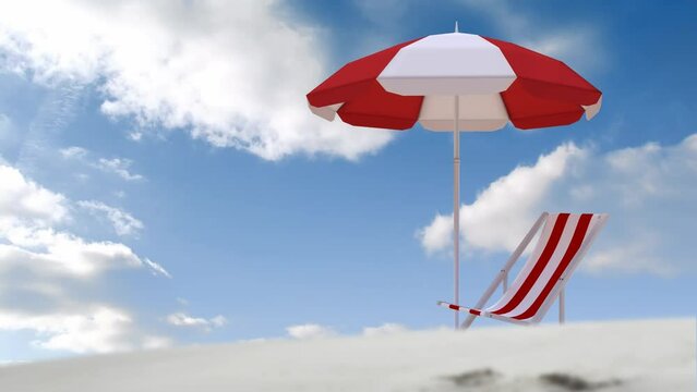 Animation of red and white parasol and deck chair on beach on sunny day