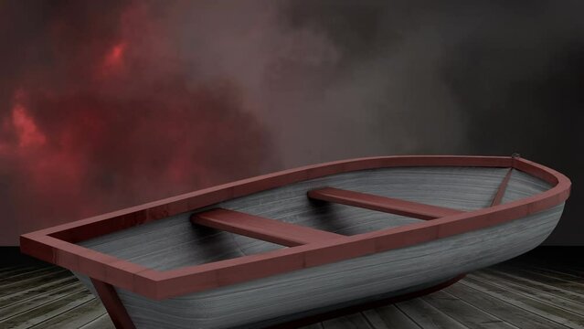Animation of boat on wooden surface with red lightning and clouds on sky