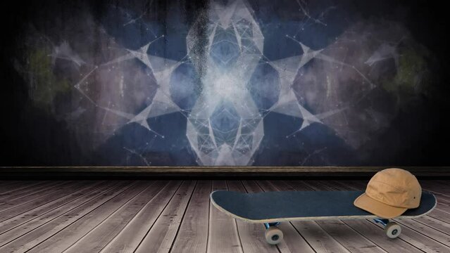 Animation of cap on skateboard on wooden surface with pattern on black background