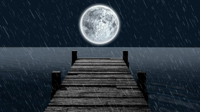 Animation of wooden jetty over sea, rain and full moon on night sky in background