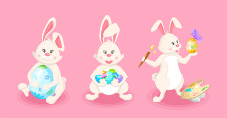 Obraz na płótnie Canvas Set of white Easter bunnies. Concept illustration of characters for the traditional Easter holiday.