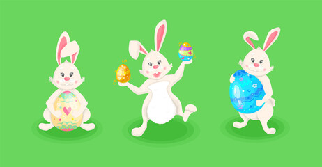 Obraz na płótnie Canvas Set of white Easter bunnies. Concept illustration of characters for the traditional Easter holiday.
