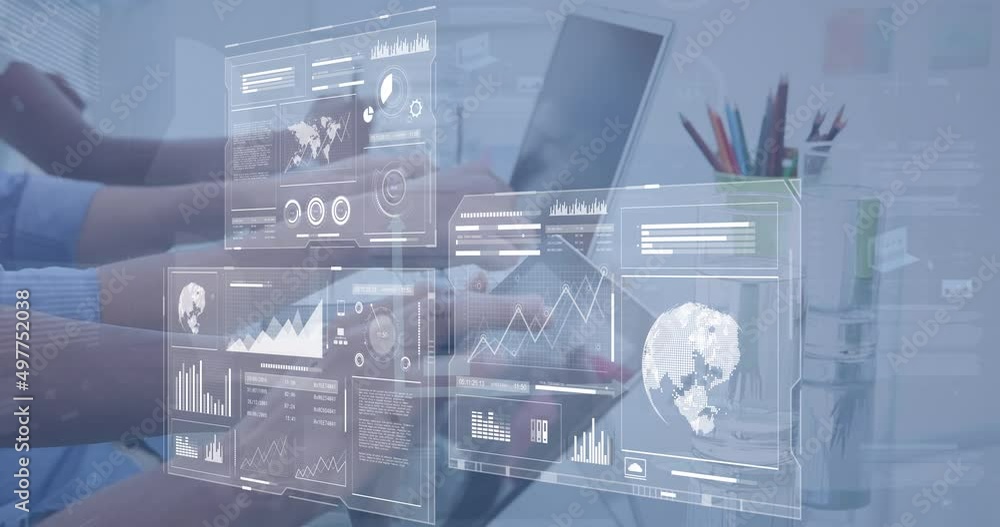 Aufkleber animation of data processing over diverse business people using laptops