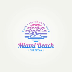 miami beach island simple line art badge logo template vector illustration design. minimalist beach island with pine tree miami retro neon style logo concept