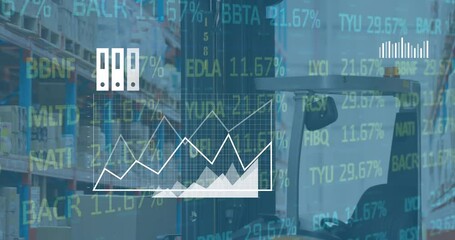 Animation of data processing over turret truck in warehouse - Powered by Adobe