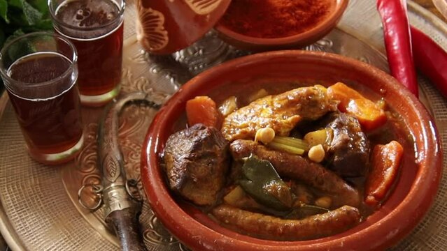 view of a royal couscous composed of chicken, lamb, merguez on a platter
