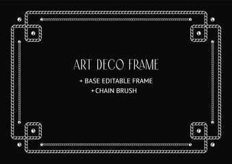 Art deco geometric frame made of chain and beads. Chain brush, base editable frame included. Vintage elegant vector design with copy space.