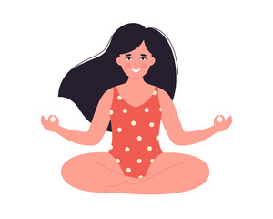 Woman meditating in swimsuit. Healthy lifestyle, yoga, relax, breathing exercise. Hello summer. Hand drawn vector illustration