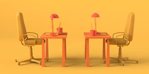 Fototapeta premium Cartoon work office with two tables with computers and coffee cups. Coworking space. Copy space. 3D illustration. Freelance.