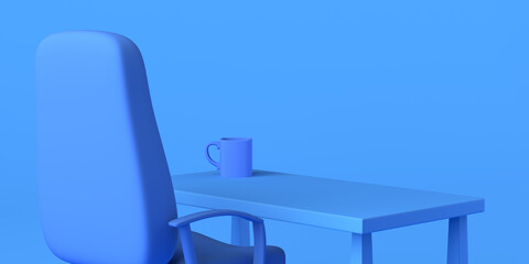 Cartoon work office with chair and coffee cup on the table. Freelance. 3D illustration. Copy space.