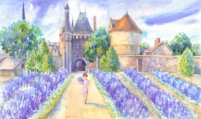 Ancient french castle and field of blooming lavender on a summer day painted with watercolors, romantic beauty of france for travel design.