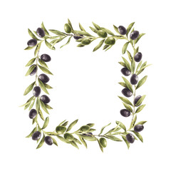A square wreath of watercolor olive branches isolated on a transparent background.