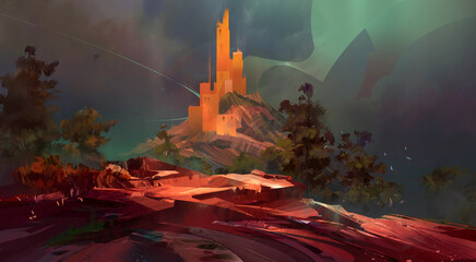 painted colored bright night landscape with a forest and a castle