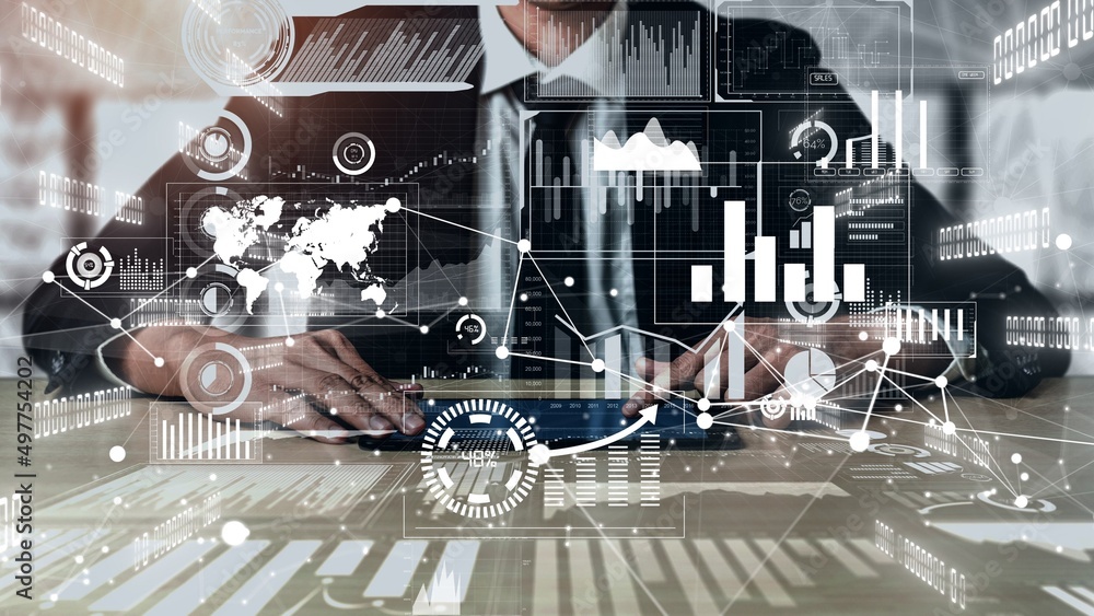 Poster conceptual business dashboard for financial data analysis . 3d render computer graphic .