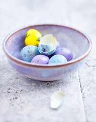 Simple Easter Decoration. Bright stone background. Soft focus. Close up.