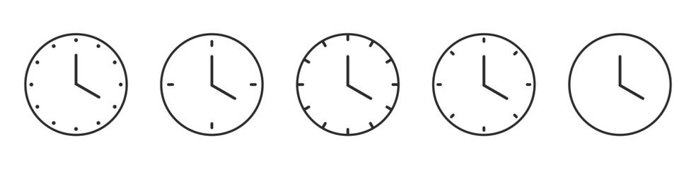 Clock icon set. Time clock icons collection. Line clocks symbol isolated on white background. Stock vector. Collection of high quality black style vector icons