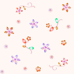 クリスタル風、花と植物モチーフのシームレスパターン素材