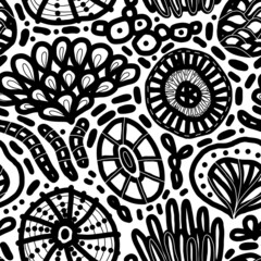 Hand drawn underwater natural ocean elements as a background. Seamless pattern with hand-drawn corals, sea urchins, sea weeds and jellyfish . Vector linear repeatable backdrop.