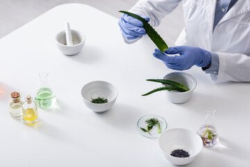 cropped view of laboratory assistant in latex gloves holding aloe leaf near plants and bottles in lab.