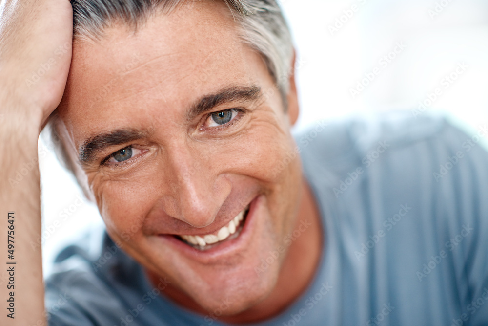 Aufkleber being at home makes me so happy. headshot portrait of a handsome mature man smiling while looking at