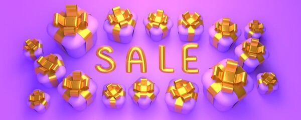 3d purple gift boxes with golden ribbons and sale