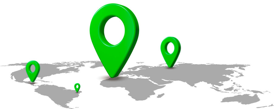 Map location pinpointer on world map. 3D render