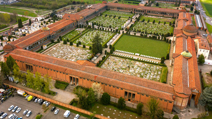 Aerial view of the cemetery of San Cataldo, in Modena, Italy. The historic cemetery is made up of a...