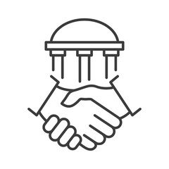 Handshake and bank building line icon. Financial agreement concept. Vector isolated on white.