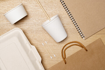Eco friendly concept, Food box paper cup paper bag notebook and jute rope made from natural fiber