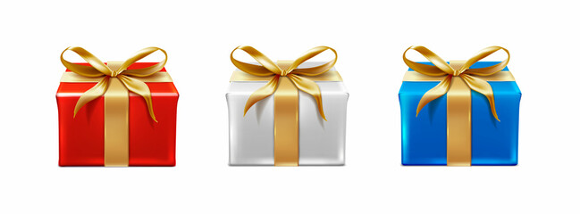 3d realistic vector set of icons. Celebration present boxes in red, white and blue color with golden ribbon and bows.
