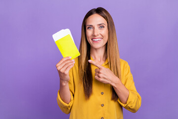 Photo of charming adorable girl recommend you active lifestyle tourism traveling isolated on violet color background