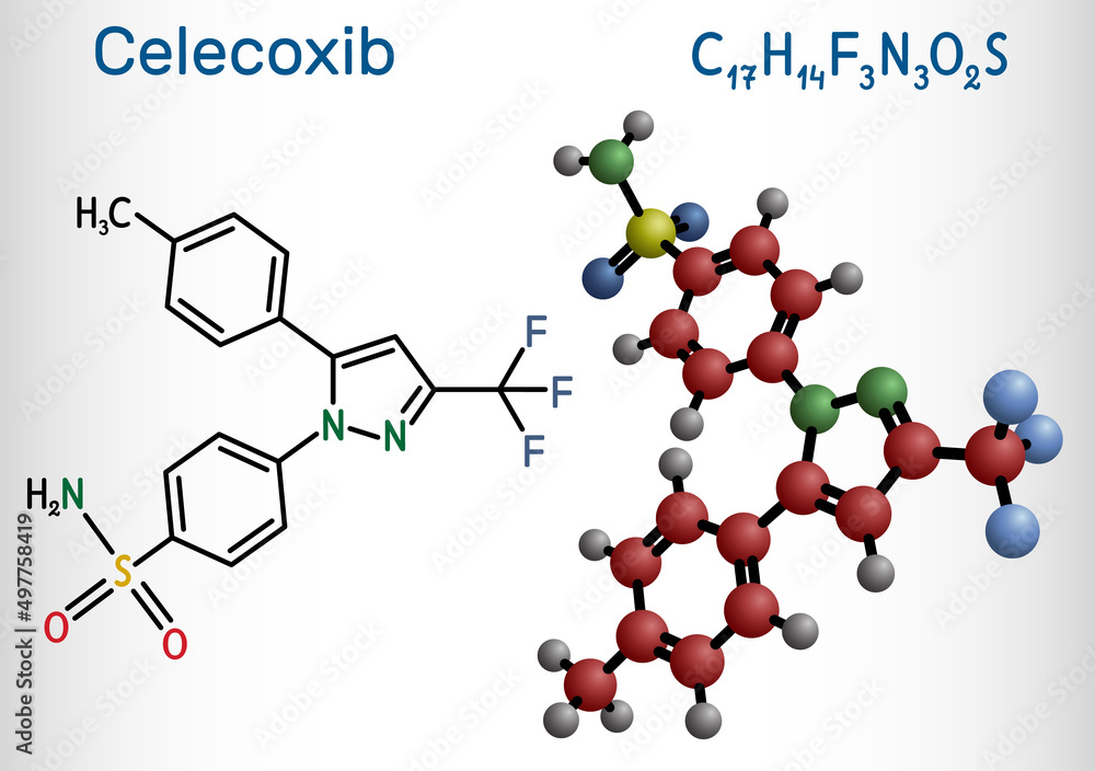 Sticker Celecoxib molecule. It is COX-2 inhibitor and nonsteroidal anti-inflammatory drug (NSAID. Structural chemical formula, molecule model.