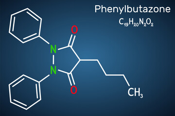 Phenylbutazone molecule. It is nonsteroidal anti-inflammatory drug NSAID, non-narcotic analgesic, antirheumatic drug. Structural chemical formula on the dark blue background