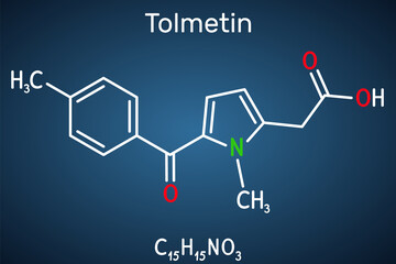 Tolmetin molecule. It is monocarboxylic acid, nonsteroidal anti-inflammatory drug NSAID. Structural chemical formula on the dark blue background