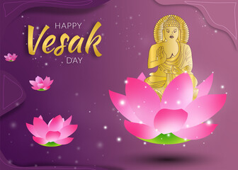 gold buddha on lotus and ivy flower Happy vesak day background.