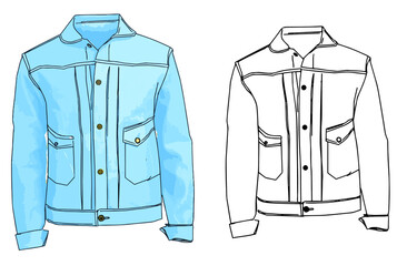 Outline sketch drawing of blue denim jacket, Vector denim jacket flat sketch, Line art illustration silhouette of man jacket