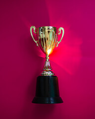 
golden shining cup of the winner on a crimson background. place for text. copy space. banner