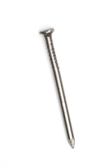 Metal nail macro on white background.