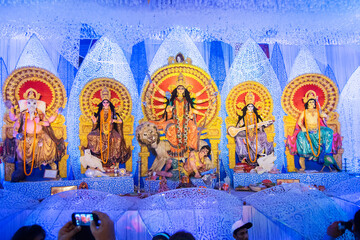 KOLKATA , INDIA - OCTOBER 21, 2015 : Beautiful interior of decorated Durga Puja pandal, at Kolkata,...