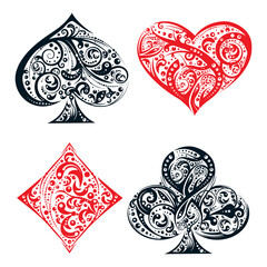 Set of four vector playing card suit symbols made by floral elements. Vintage stylized  illustration in black and red on white background. Works well as print, computer icon, emblem, gambling design - obrazy, fototapety, plakaty