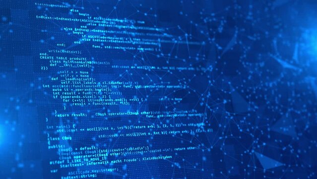 4k Abstract Technology Blue Background. Software developer programming code on computer. Cyber space backdrop. Abstract computer script source code. Data Breach, Malware, Cyber Attack, Hacking