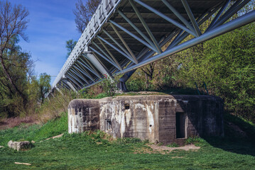 Old bunker under Freedom Cycling Bridge over Morava river in Bratislava city connecting Slovakia...