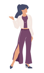 Young woman wearing white jacket and stylish pants semi flat color vector character. Posing figure. Full body person on white. Simple cartoon style illustration for web graphic design and animation