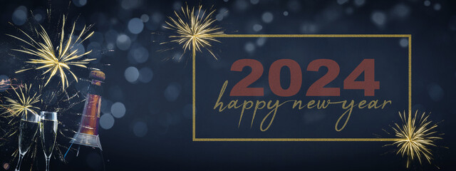 HAPPY NEW YEAR 2024 celebration Silvester New Year's Eve Party background banner panorama greeting card - Champagne bottles with fireworks on dark night texture with bokeh lights..