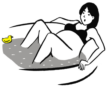 Water birth Pregnant woman in pool . Doodle style Vector illustration