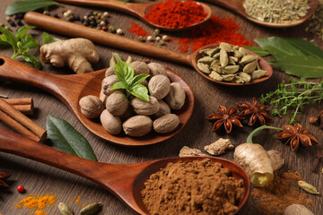 Different herbs and spices with spoons on wooden table, closeup