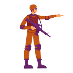 Fully equipped soldier pointing with finger semi flat color vector character. Standing figure. Full body person on white. Simple cartoon style illustration for web graphic design and animation