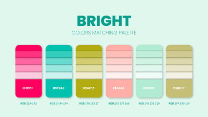Bright color palettes or color schemes are trends combinations and palette guides this year; table color shades in RGB or HEX. A color swatch for a bright mood tone fashion, home, or interior design