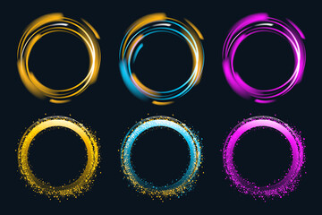 Set of hand drawn neon circle frames with golden, violet and blue glow. Vector glitter design elements for holiday cards, advertising concept, web